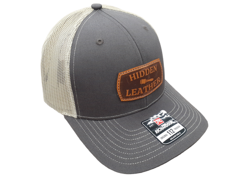 Brown/Khaki Richardson Adult Hat with custom laser engraved leather hat patch sewn on the front