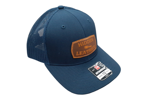 Dark Blue Richardson Youth Hat with custom leather laser engraved hat patch