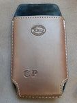 Tan/Natural custom leather phone case/holster for belt. Slip design. No lid. Tan and white stitching. Inner pigskin lining.