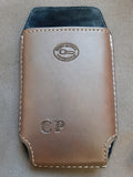 Tan/Natural custom leather phone case/holster for belt. Slip design. No lid. Tan and white stitching. Inner pigskin lining.