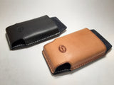 Black and Tan Custom Leather Cell Phone Cases/Holsters for Belt. With EMF radiation protection. Slip/No Lid Design