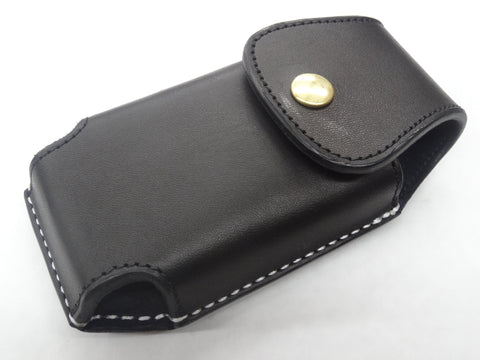 Black Custom Leather Phone Case with white stitching and brass snap closure