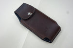 Custom size Brown leather Cell Phone Case/Holster for Belt. Snap Closure. Brown and White Stitching.