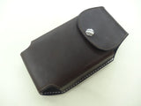 Brown Custom Leather Phone Case with white stitching and snap closure
