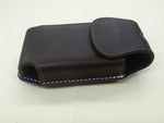 Brown custom leather cell phone case for belt. Brown and white stitching. Magnetic Closure