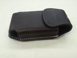 Brown custom leather cell phone case for belt. Brown and white stitching. Magnetic Closure