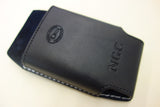 Black custom leather phone case/holster for belt. Slip design. No lid. black and white stitching. Inner pigskin lining.